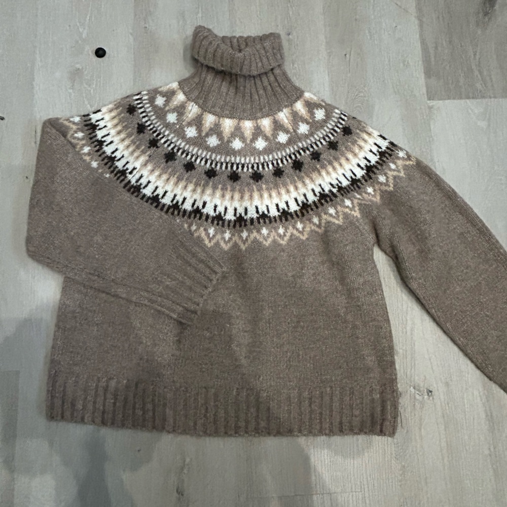 H&M Brown and White Cowl Neck Sweater with Nordic Pattern